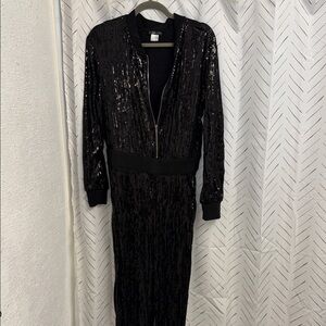 Black Sequin Zip-Front Jumpsuit